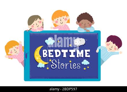 Illustration d'un pyjama pour enfants portant un téléphone mobile ou une tablette avec des histoires de coucher avec la Lune, les étoiles, les nuages et un mouton à l'écran Banque D'Images