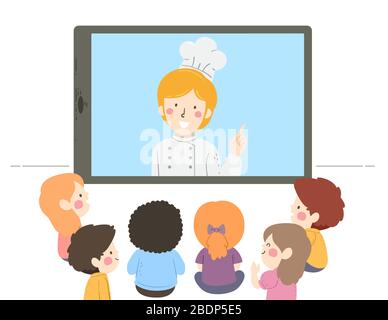 Illustration des enfants assis et regardant un chef parler dans un téléphone mobile ou une tablette Banque D'Images