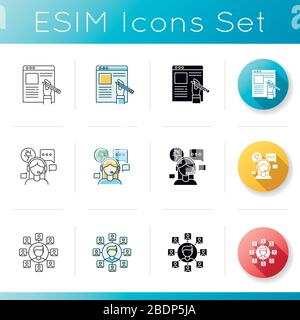 Les icônes des travaux distants sont définies. Support technique, SEO et copywriting. Responsable Freelance, auteur d'article et opérateur de centre d'appels. Couleur linéaire, noire et RVB Illustration de Vecteur