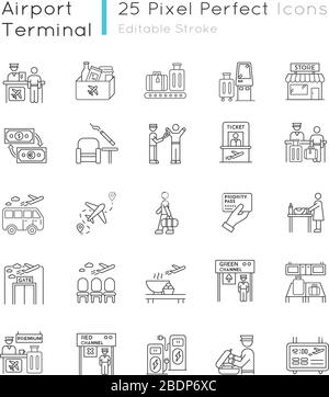 Ensemble d'icônes linéaires parfaites pour les pixels du terminal AirPort. Carte d'embarquement. Informations sur le vol. Espace fumeurs. Symboles de contour de ligne mince personnalisables. Isolé Illustration de Vecteur