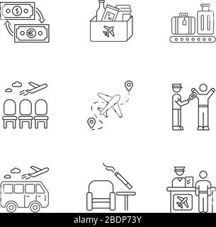 Ensemble d'icônes linéaires parfaites pour les pixels du terminal AirPort. Hall d'attente pour les passagers. Enregistrement de vol. Symboles de contour de ligne mince personnalisables. Isolé Illustration de Vecteur