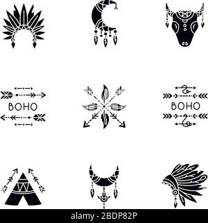 Les icônes de glyphe noir des accessoires natifs américains se définissent sur l'espace blanc. Chapeau de tribu et tipi. Amulettes Boho dreamcatcher. Breloques et plumes Illustration de Vecteur