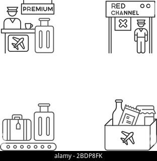 Ensemble d'icônes linéaires parfaites pour les pixels du terminal AirPort. Bureau de service Premium. Canal rouge pour le transport en avion. Symboles de contour de ligne mince personnalisables Illustration de Vecteur