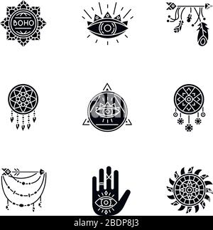 Des accessoires magiques dans des icônes de glyphes noirs de style boho se définissent sur un espace blanc. Prophétie et occultisme amulettes. Dreamcatcher, tous voyant des talismans d'oeil Illustration de Vecteur