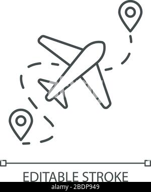 Icône linéaire Perfect pixel de routage d'avion. Destination du plan avec point GPS. Lieu d'arrivée. Illustration personnalisable en ligne fine. Symbole de contour Illustration de Vecteur