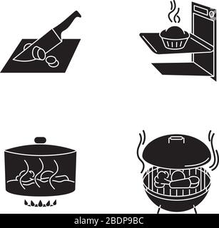 Méthodes de cuisson icônes de glyphe noir définies sur l'espace blanc. Diverses techniques culinaires, symboles silhouette de processus de préparation des aliments. Découpe, cuisson Illustration de Vecteur