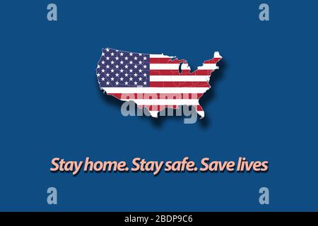 Arrêtez le coronavirus aux États-Unis. Carte des États-Unis d'Amérique avec drapeau américain Banque D'Images