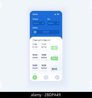 Modèle vectoriel d'interface de smartphone pour l'application de réservation de billets. Présentation du thème lumineux de la page des applications mobiles. Écran des options disponibles. Interface utilisateur plate pour Illustration de Vecteur