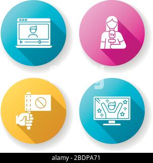 Ensemble d'icônes de glyphes d'ombre longs à conception plate. Regarder vlogger sur l'ordinateur portable. Journaliste diffusant des nouvelles. Protestation militante. Star de la télé réalité Illustration de Vecteur