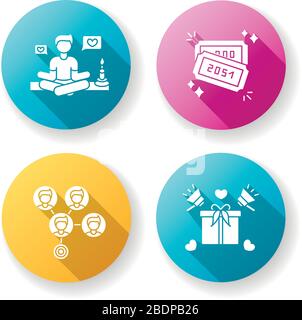 Marketing de médias sociaux conception plate long ombre glyphe icônes définies. Gourou de style de vie. Billets de tombola avec numéros. Connexion à effet de masse. Promotion du produit Illustration de Vecteur