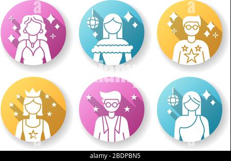 Célèbre jeu d'icônes de glyphes d'ombre à motif plat de célébrité. Célèbres acteurs hollywoodiens féminins et masculins. Talent show Star. Animateur réussi. Élégant Illustration de Vecteur