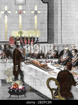 'Cérémonie d'agapes des roses-croix : les rosicuriens se reunis autour d'un banquet ou est servi de l'agneau' (Rosicrucianisme, banquet en croix de rose (agape Banque D'Images