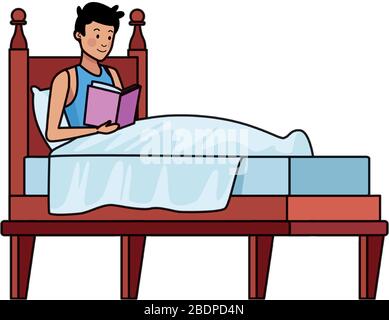 Young man reading book in bed Illustration de Vecteur