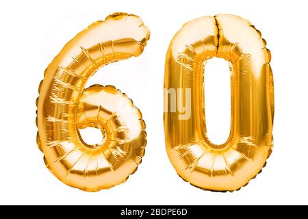 Numéro 60 soixante de ballons gonflables dorés isolés sur blanc. Ballons d'hélium, numéros de feuilles d'or. Décoration de fête, signe anniversaire pour Banque D'Images