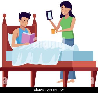 couple utilisant smartphone et livre de lecture dans la chambre Illustration de Vecteur