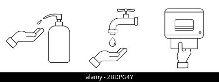 Comment se laver les mains en toute sécurité instructions. Icône de ligne fine de la procédure de lavage des mains. Étapes : utilisez du savon, frottez, rincez et séchez. Distributeur de savon, robinet et serviette Illustration de Vecteur