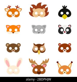 Ensemble de masques pour animaux assortis sur le visage, habillage, accessoire de fête, masques en papier pour animaux de bricolage, masques pour accessoires de photo-stand. Сostume élément de conception de fête. Illustration de Vecteur