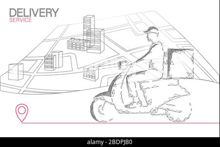 Boîte de livraison de scooter coursier. Commandez des applications mobiles pour l'expédition de nourriture sur route. Forfait quarantaine sac thermique sac à dos repas dîner. Concept de livraison rapide Illustration de Vecteur