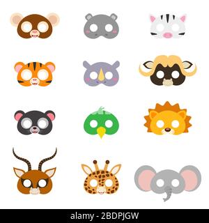 Ensemble de masques animaux assortis, jouets de bricolage, masque de déguisements, fournitures de fête, articles de fête d'anniversaire, accessoires de jeu, accessoires de stand photo pour enfants. Illustration de Vecteur