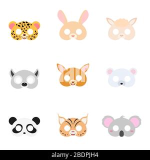 Ensemble de masques pour animaux assortis sur le visage, habillage, accessoire de fête, masques en papier pour animaux de bricolage, masques pour accessoires de photo-stand. Сostume élément de conception de fête. Illustration de Vecteur