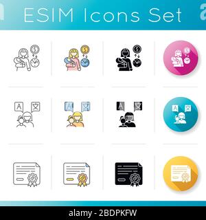 Ensemble d'icônes de services de garde d'enfants. Revenus des services de baby-sitting. Gagnez de l'argent pour les services de garde d'enfants. Mère enseignant au jeune enfant de parler. Linéaire, noir et RVB Illustration de Vecteur