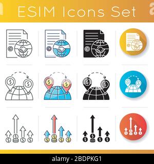 Ensemble d'icônes commerciales globales. Économie mondiale, avantage concurrentiel et investissement étranger direct. Accord commercial international. Couleur linéaire, noire et RVB Illustration de Vecteur