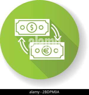 Argent Exchange vert plate design long ombre glyphe icône. Modifier le billet en dollars pour l'euro. Paiement en espèces. Gestion financière. Services bancaires. Budget Illustration de Vecteur