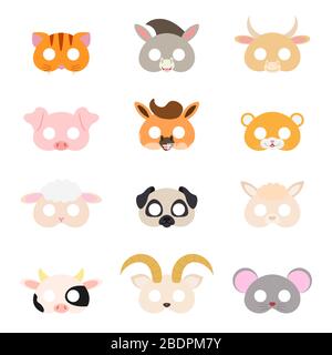 Ensemble de masques animaux assortis, jouets de bricolage, masque de déguisements, fournitures de fête, articles de fête d'anniversaire, accessoires de jeu, accessoires de stand photo pour enfants Illustration de Vecteur