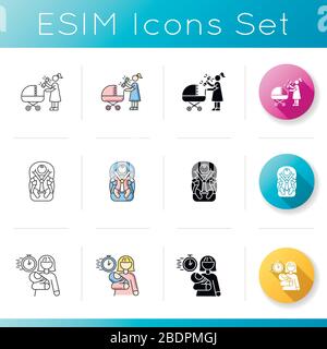 Ensemble d'icônes de services de garde d'enfants. Femme avec jouet hochet. Mère avec poussette de bébé. Nouveau-né en siège de voiture. Congé de maternité.linéaire, noir et RVB Illustration de Vecteur