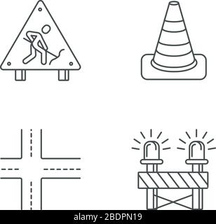 La route fonctionne pixel parfait icônes linéaires ensemble. Panneau de construction à l'avance. Cône de circulation. Sirène sur barrière. Symboles de contour de ligne mince personnalisables. Isolé Illustration de Vecteur