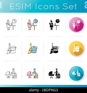 Ensemble d'icônes de garde d'enfants. Fournitures de ménage. Fille qui s'intéresse au bébé. Garderie professionnelle à l'hôtel. Couleur linéaire, noire et RVB Illustration de Vecteur