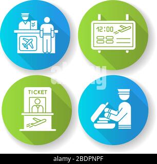 Ensemble d'icônes de glyphes d'ombre longs à conception plate de terminal AirPort. Bureau d'enregistrement pour passagers d'avion. Informations sur les vols à bord électronique Illustration de Vecteur