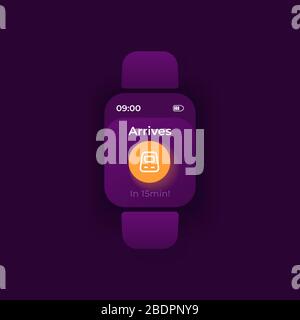 Modèle vectoriel d'interface SmartWatch. Mode nuit de notification d'application mobile de transport ferroviaire. Message de rappel d'arrivée de train Illustration de Vecteur
