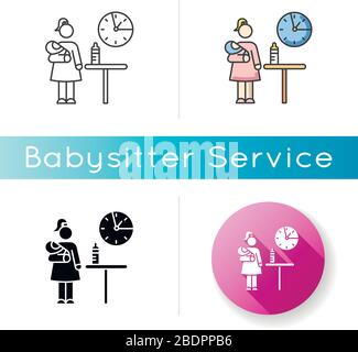 Icône babysitter à temps partiel. Travailleur du service de garde d'enfants. Fille qui s'intéresse au bébé. Garderie. Aide pour bébé. Couleur linéaire noir et RVB Illustration de Vecteur