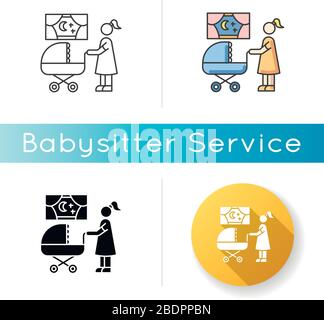 Icône nuny de nuit. Mère avec bébé dans poussette. Maman chercher pour dormir enfant. Parentalité et maternité. Garde d'enfants. Couleur linéaire noir et RVB Illustration de Vecteur