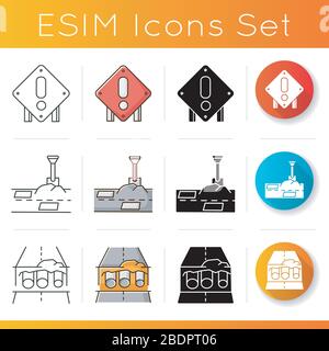 Jeu d'icônes de travaux sur route. Panneau de signalisation. L'application de correctifs fonctionne. Trou dans la chaussée. Remplacement du tuyau. Tranchée de génie civil. Couleur linéaire, noire et RVB Illustration de Vecteur