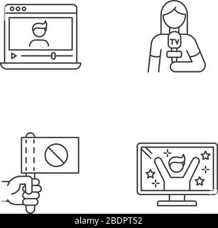 Jeu d'icônes linéaires Perfect pixel de diffusion. Regarder vlog sur l'ordinateur portable. Journaliste diffusant des nouvelles. Symboles de contour de ligne mince personnalisables. Isolé Illustration de Vecteur