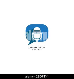 Concept minimal de logo de podcast. Illustration du microphone rétro avec forme d'appel bleu ou icône de discussion derrière. Diffusion, hôte, Announcher Illustration de Vecteur