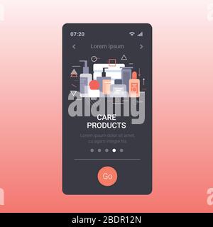 set cosmétiques ou parfums récipients bouteilles beauté visage produits de soins spa naturel cosmétologie emballage traitement de la peau concept smartphone écran en ligne application mobile copie espace illustration vectorielle. Illustration de Vecteur