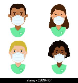 Ensemble de professionnels de la santé avec masque chirurgical pour la protection. Diversité ethnique des personnages. Illustration de Vecteur