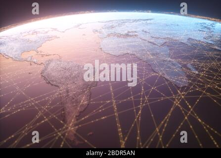 La mondialisation, l'avenir de la technologie numérique. Connexions et le cloud computing dans le monde virtuel. Carte du monde avec les connexions de données par satellite. C Banque D'Images