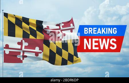 Dernières nouvelles. Nouvelles du monde avec fond de drapeau agitant des États-Unis. Drapeau de l'état du Maryland. Illustration en cas de pandémie. Banque D'Images