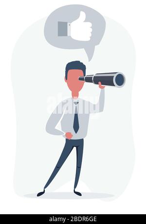 Homme d'affaires concentré regardant à travers le spyglass. Vision d'entreprise et concept de planification de la perspective. Illustration de Vecteur
