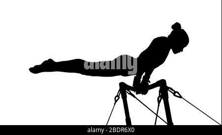 exercice de gymnastique de fille sur des barres inégales gymnastique. silhouette noire Banque D'Images