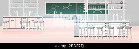produits chimiques de laboratoire en science salle de classe intérieur de l'université vide aucune personne laboratoire avec meubles illustration vectorielle horizontale Illustration de Vecteur