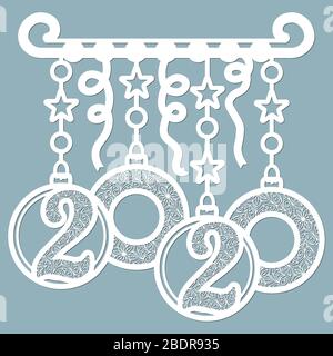 Boules de Noël avec un flocon de neige coupé en papier. Modèles de découpe laser, de découpe de traceur ou d'impression. Ambiance festive. 2020. Illustration de Vecteur
