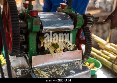 Vendeur de rue en Inde, en extrayant du jus de canne à sucre à partir de sugarcanes à l'aide d'une presse-fruits Banque D'Images