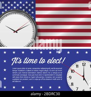 Horloge vide sur fond drapeau américain. Il est temps de sélectionner un modèle de bannière. Illustration vectorielle. Illustration de Vecteur
