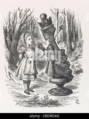 ALICE À TRAVERS LE VERRE DE Lewis Carroll 1871. Alice rencontre la Reine Rouge dans l'engagement de John Tenniel Banque D'Images