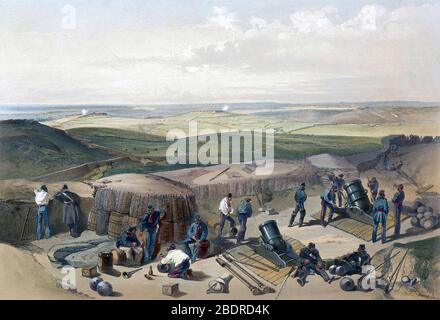 GUERRE DE CRIMÉE (1853-1856) Siège de Sebastopol. Lithographie en 1855 d'une batterie de mortier britannique derrière des gabions protecteurs avec la ville au loin. Banque D'Images